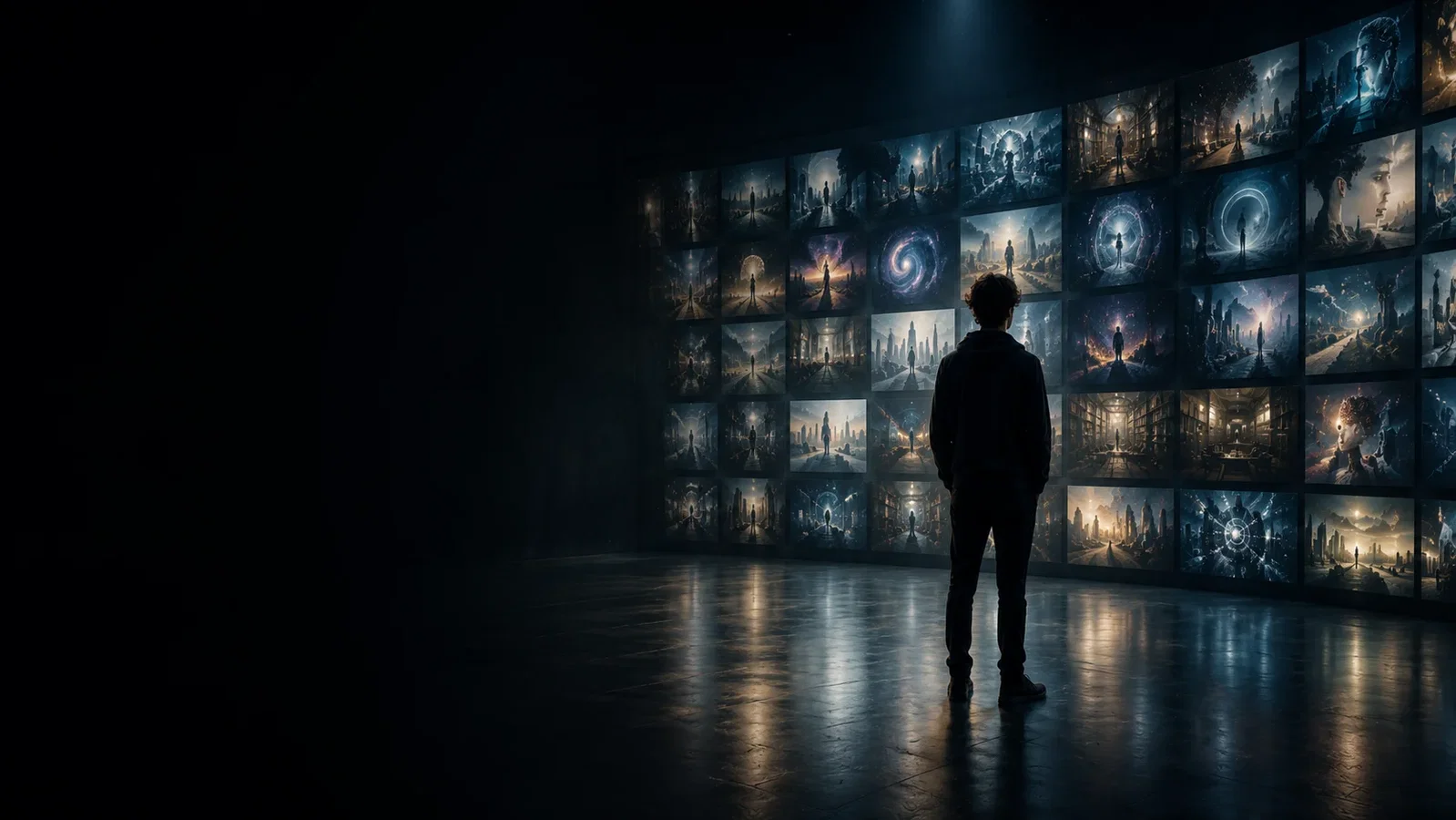 A person looking at a wall of digital art in a dark exhibition space.